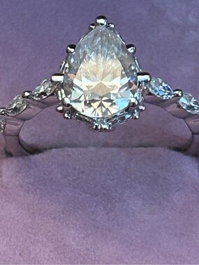 2.00CTW Moissanite Pear-Cut w/Round Accents Solitaire Ring 925 Sterling Silver